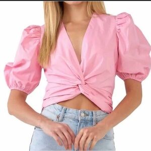 English Factory Pink Puff Sleeve Crisscross Crop Top Size Medium